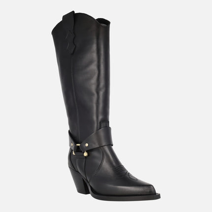 Botas altas estilo cowboy en piel negra con adorno dorado Vendome