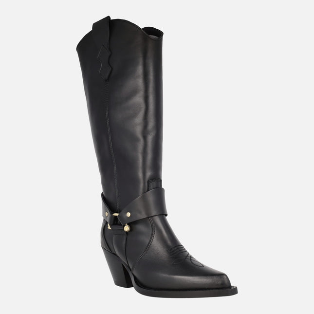 Botas altas estilo cowboy en piel negra con adorno dorado Vendome