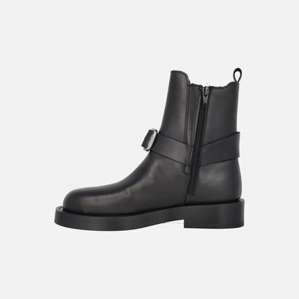 Eloise black leather ankle boots with front buckle