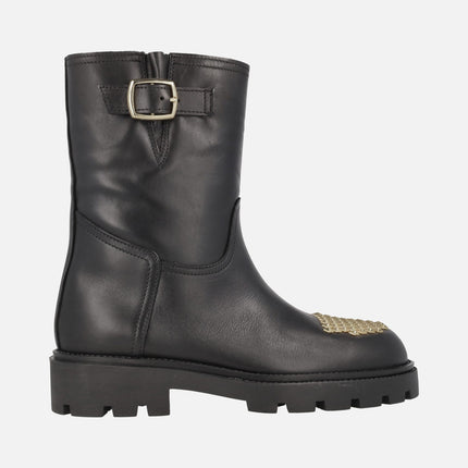 Agnes Black leather boots with golden studs in the toe