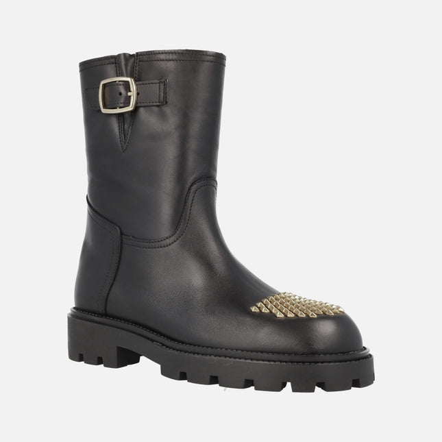 Agnes Black leather boots with golden studs in the toe