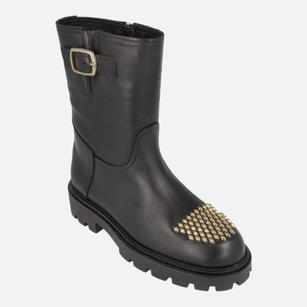 Agnes Black leather boots with golden studs in the toe