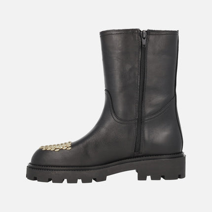 Agnes Black leather boots with golden studs in the toe