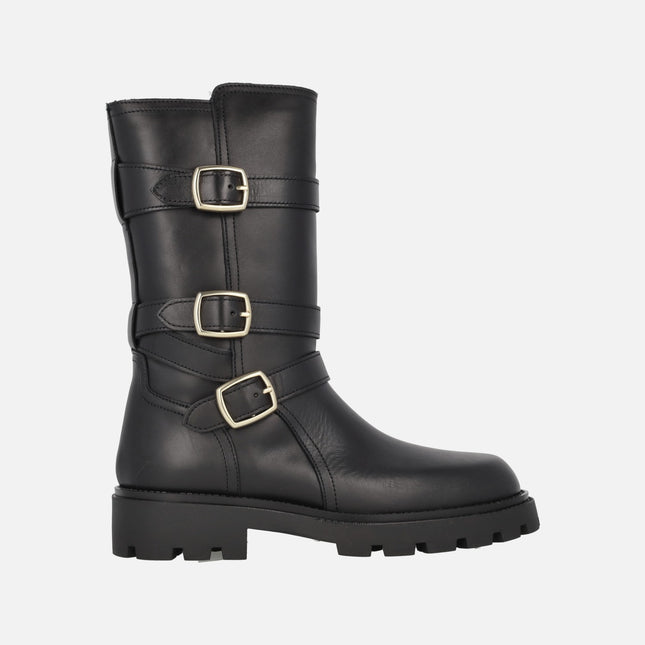 Black biker-style boots with three buckles agnes