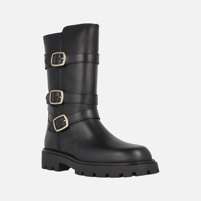 Black biker-style boots with three buckles agnes