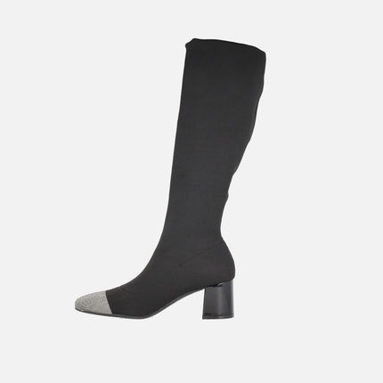 High heeled boots in black elastic fabric with metallic Toe Suffolk