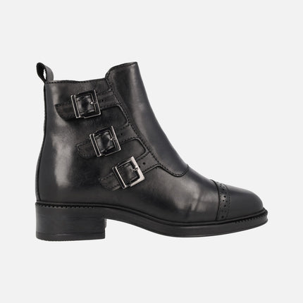 Ayana Black leather Ankle Boots with three strips with buckles