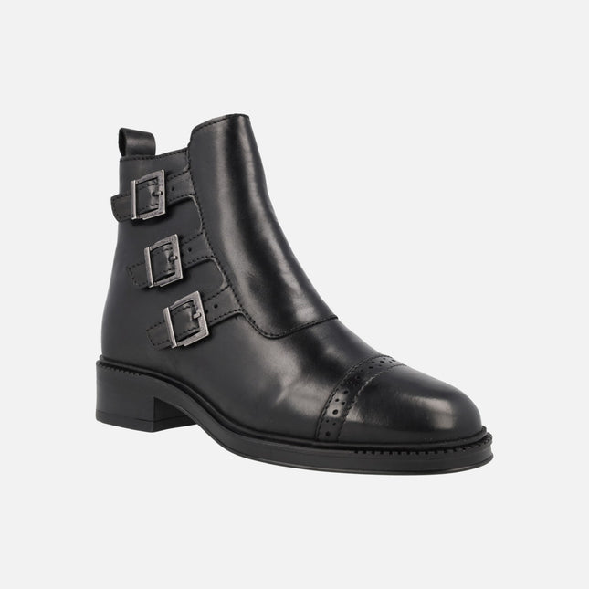 Ayana Black leather Ankle Boots with three strips with buckles