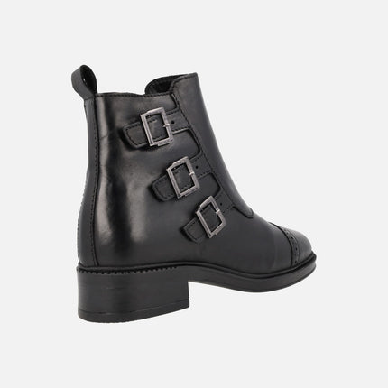 Ayana Black leather Ankle Boots with three strips with buckles