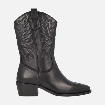 Black Cowboy style leather boots with embroidery detail