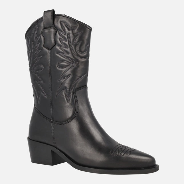 Black Cowboy style leather boots with embroidery detail