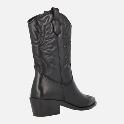 Black Cowboy style leather boots with embroidery detail