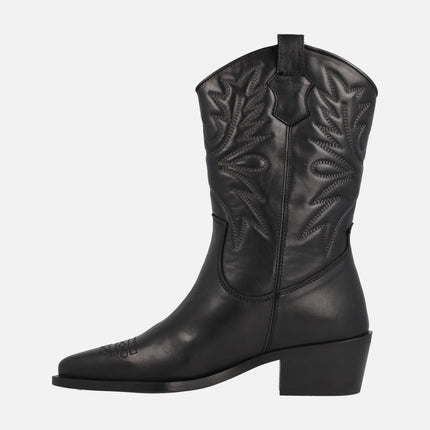 Black Cowboy style leather boots with embroidery detail