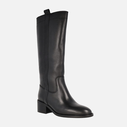 Black leather boots with high leg and low heel Lyra