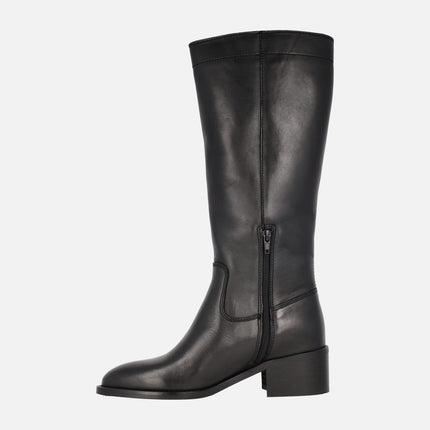 Black leather boots with high leg and low heel Lyra