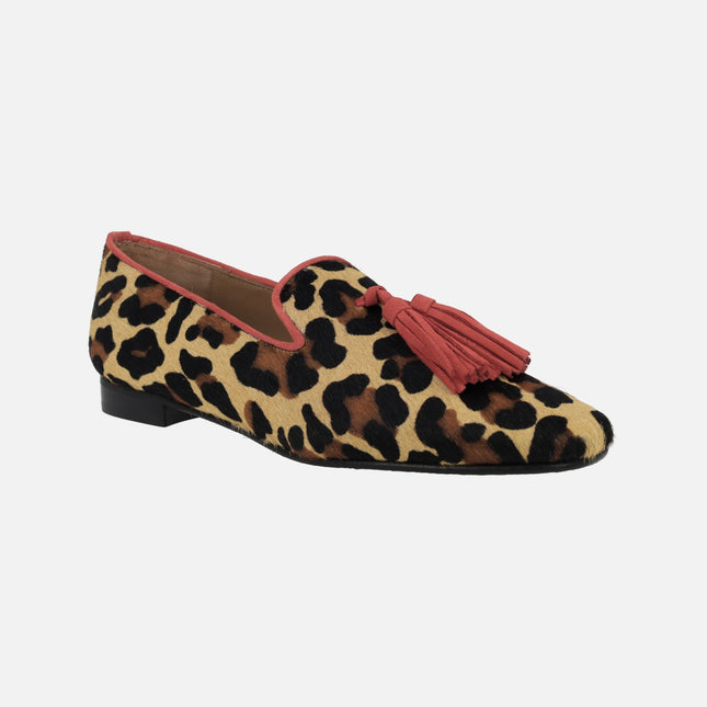 Women's Moccasins in Leopard print with red tassels