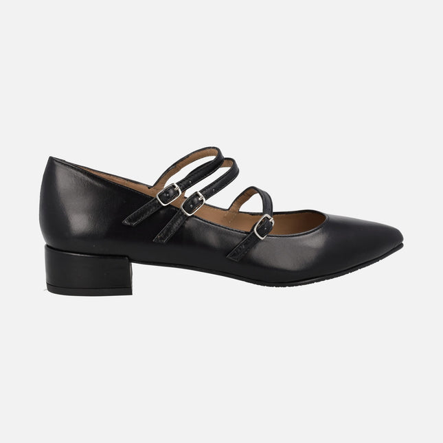 Black leather mary jane shoes with three bracelets and sharp toe