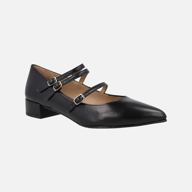 Black leather mary jane shoes with three bracelets and sharp toe