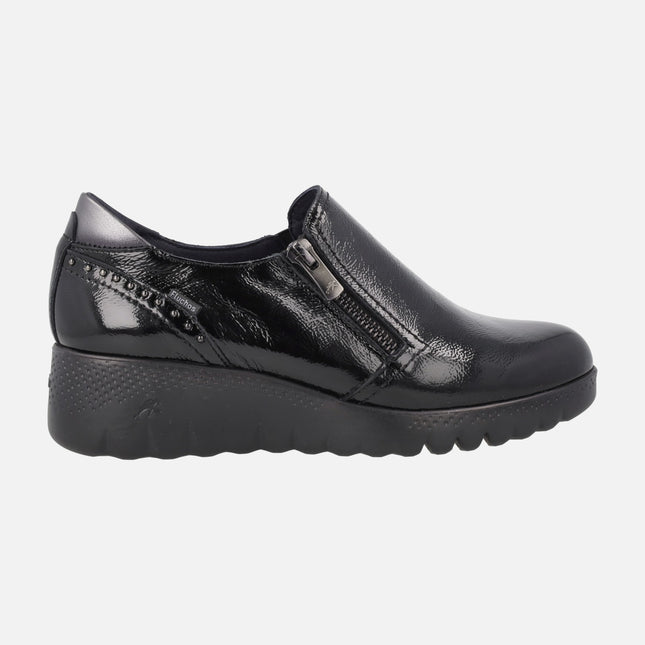 Black patent leather comfort shoes with side zipper