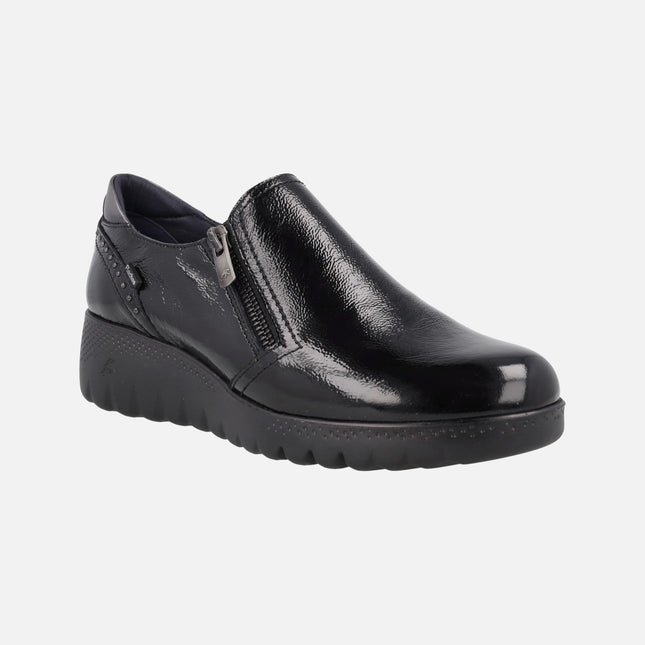 Black patent leather comfort shoes with side zipper