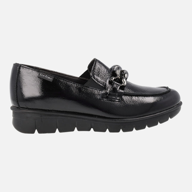 Black patent leather moccasins with chain ornament