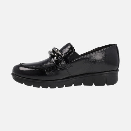 Black patent leather moccasins with chain ornament