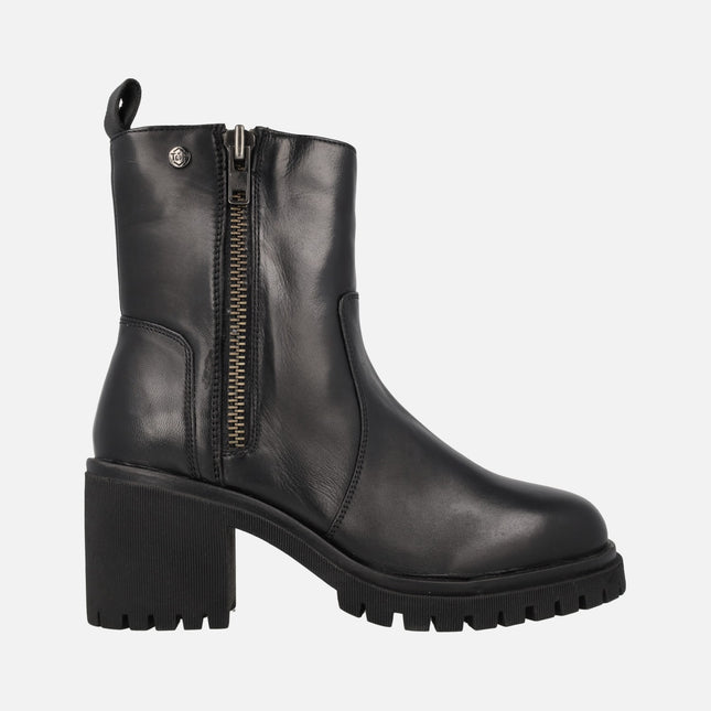 Black leather heeled booties with side zippers