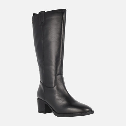 Black leather boots with high leg and medium heel