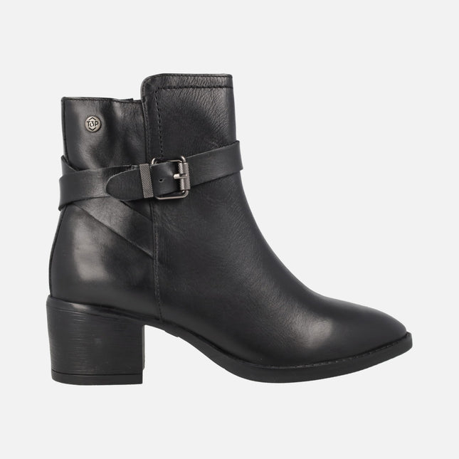 Black leather heeled boots with buckle