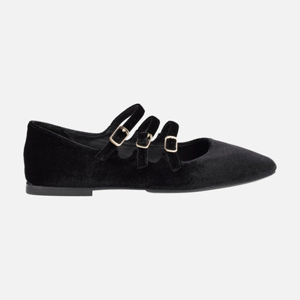 Mary jane style flats in black velvet with three strips to the instep