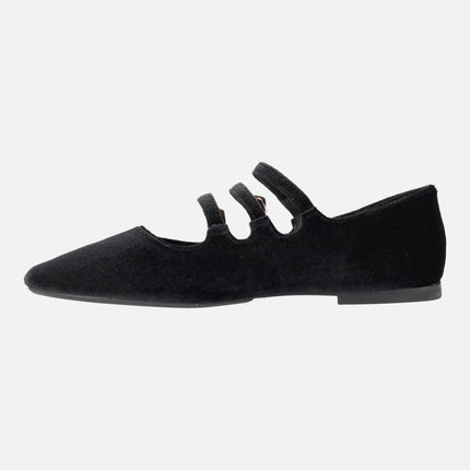 Mary jane style flats in black velvet with three strips to the instep