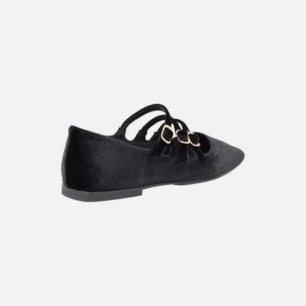 Mary jane style flats in black velvet with three strips to the instep