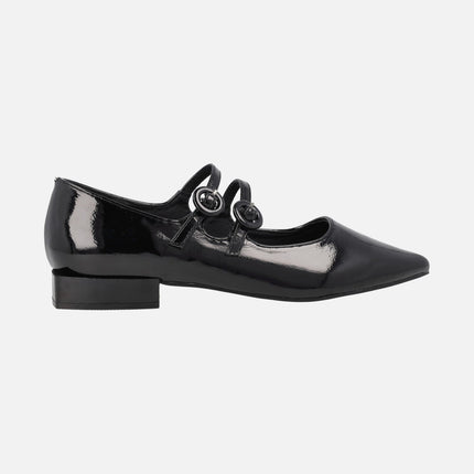 Black Patent Merceditas With Double Buckle Strip