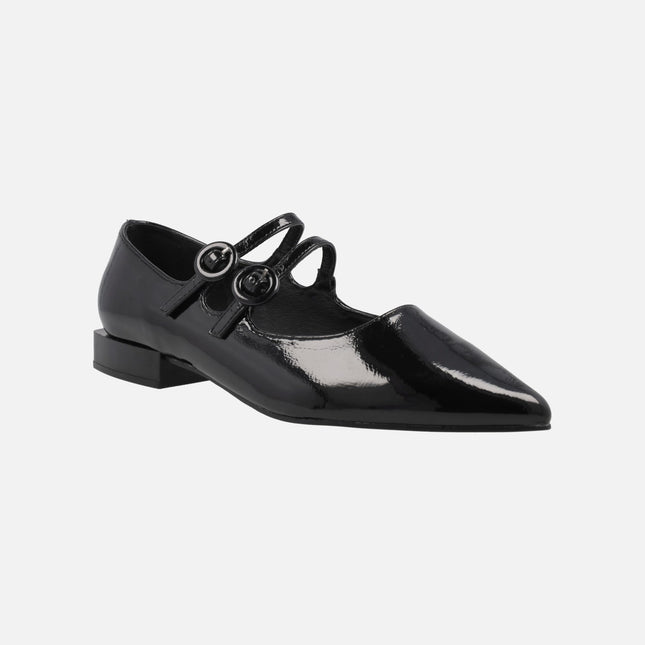 Black Patent Merceditas With Double Buckle Strip