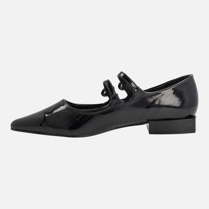 Black Patent Merceditas With Double Buckle Strip