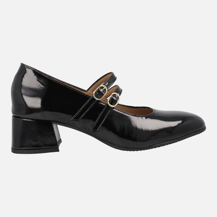 Mary Jane shoes in black patent leather with two bracelets and middle heels