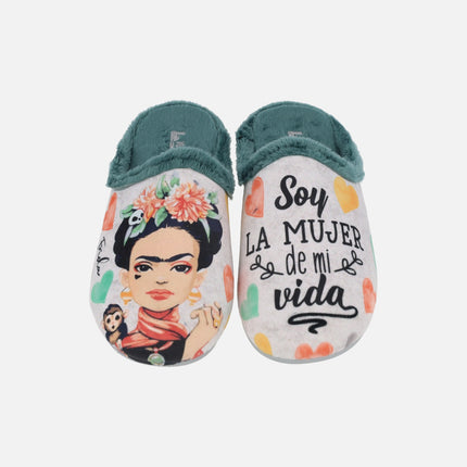 Frida house slippers I am the woman of my life in green combined