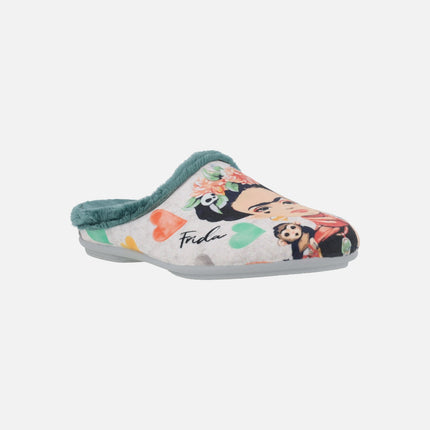 Frida house slippers I am the woman of my life in green combined