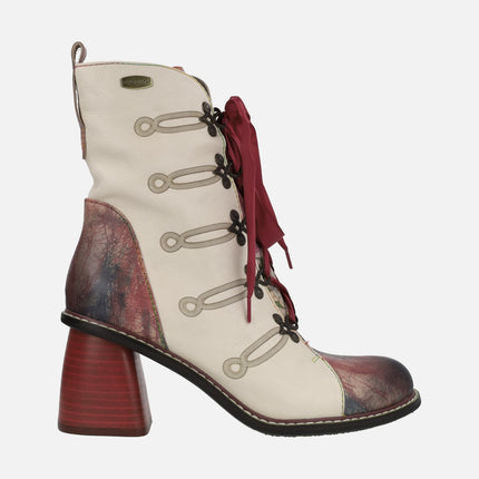 Beige leather boots with laces and heels in red Evcao 01e beige