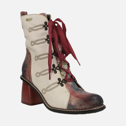 Beige leather boots with laces and heels in red Evcao 01e beige