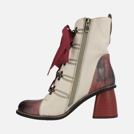 Beige leather boots with laces and heels in red Evcao 01e beige