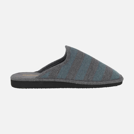 House slippers for men in gray and blue striped fabric