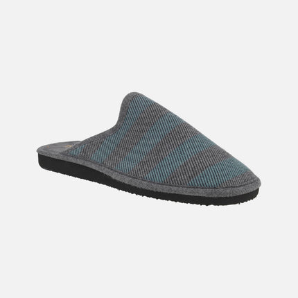 House slippers for men in gray and blue striped fabric