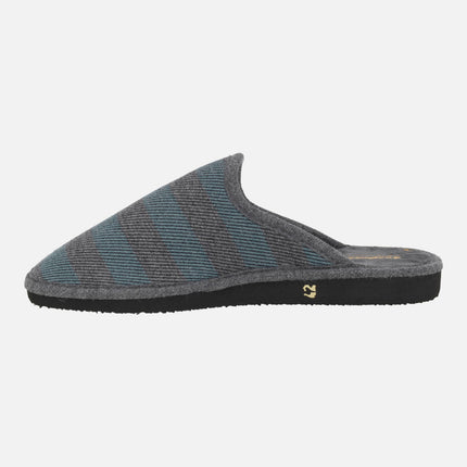 House slippers for men in gray and blue striped fabric