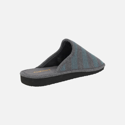 House slippers for men in gray and blue striped fabric