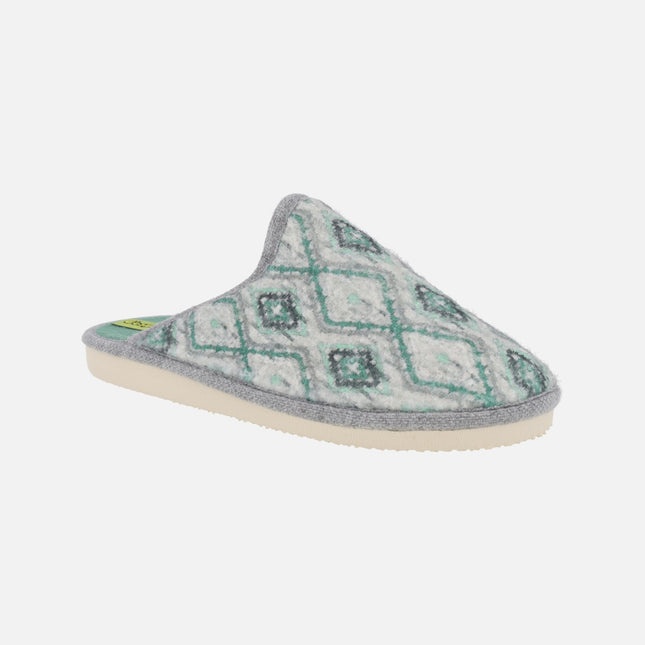 Zapatillas de casa para mujer en tejido estampado verde esmeralda y gris