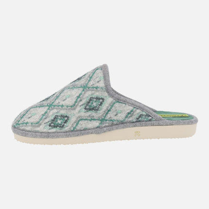 Zapatillas de casa para mujer en tejido estampado verde esmeralda y gris