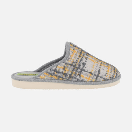 Zapatillas de casa para mujer en tejido estampado en gris y amarillo