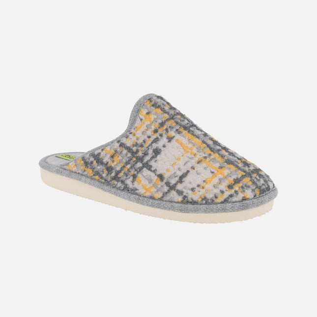 Zapatillas de casa para mujer en tejido estampado en gris y amarillo