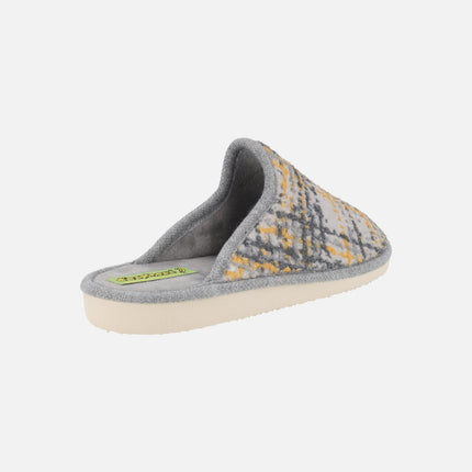 Zapatillas de casa para mujer en tejido estampado en gris y amarillo